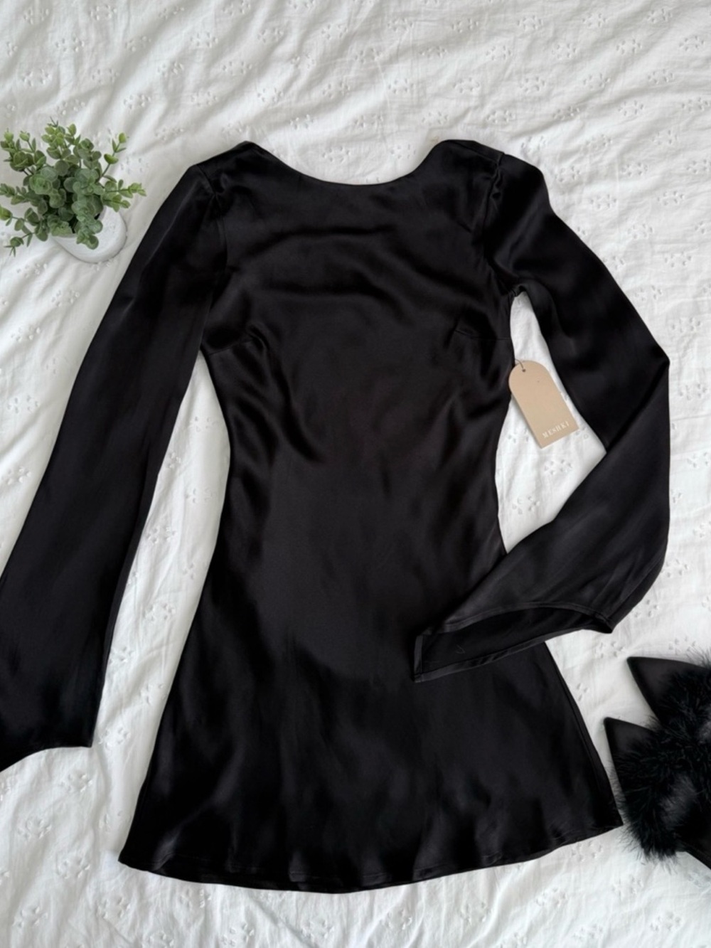 Black Meshki Long-Sleeve Satin Mini Dress